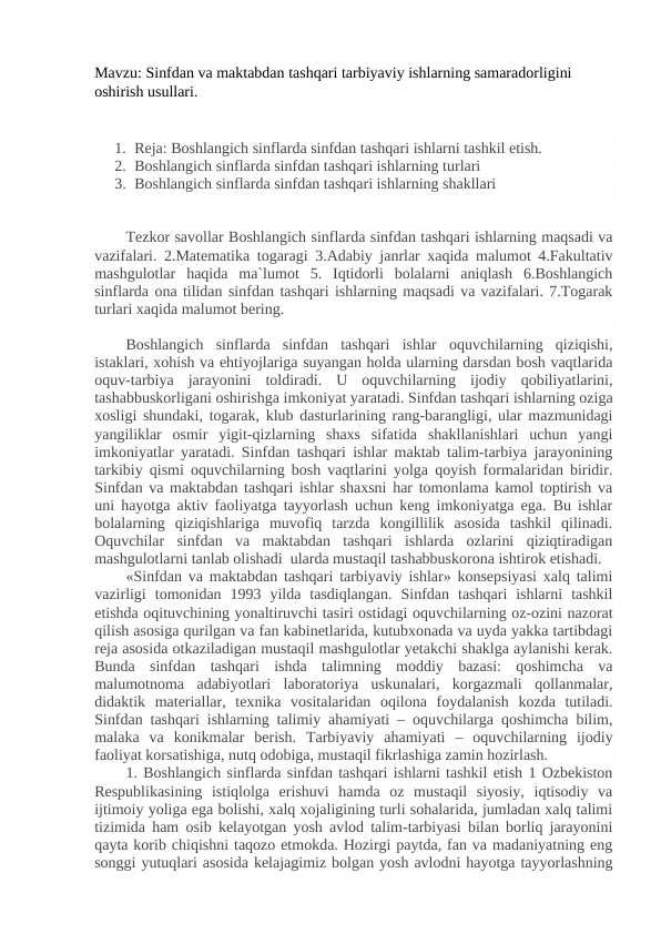 Sinfdan va maktabdan tashqari tarbiyaviy ishlarning samaradorligini oshirish usullari.