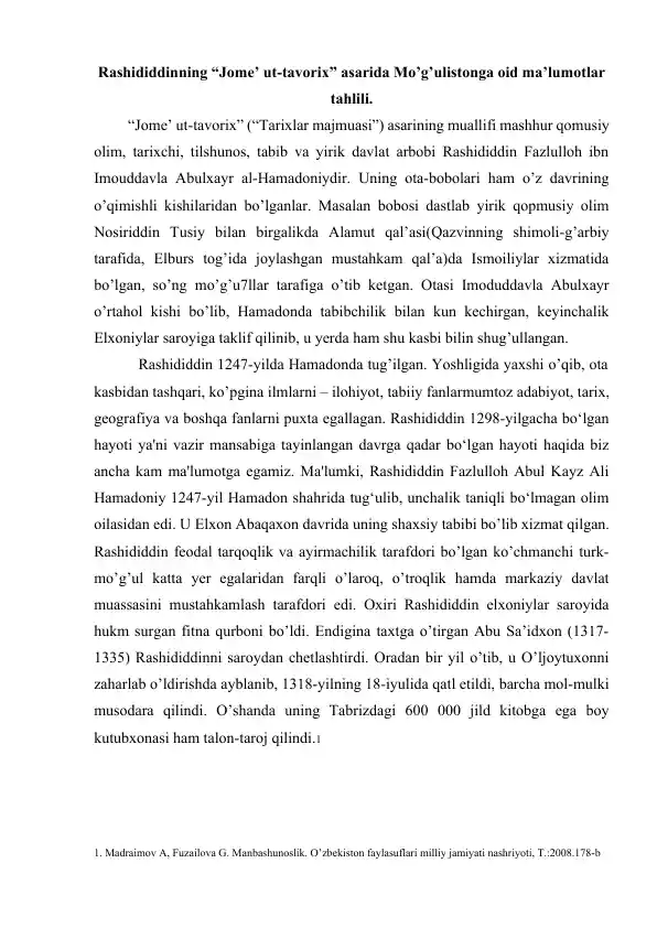 Rashididdinning "Jome' ut-tavorix" asarida Mo'g'ulistonga oid ma'lumotlar tahlili