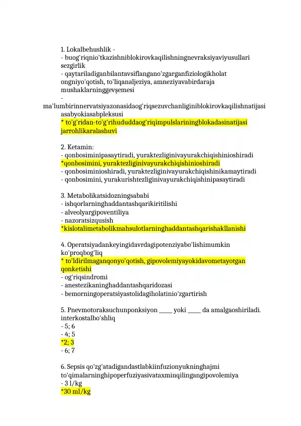 Anesteziologiya va reanimatologiya mutaxassisligi testlar javobli