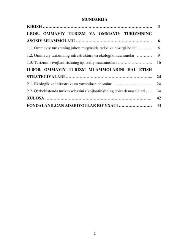 Ommaviy turizmdagi muammolar va ularning yechimlari