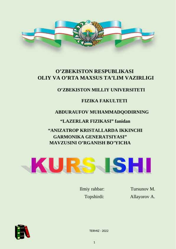 ANIZATROP KRISTALLARDA IKKINCHI  GARMONIKA GENERATSIYASI