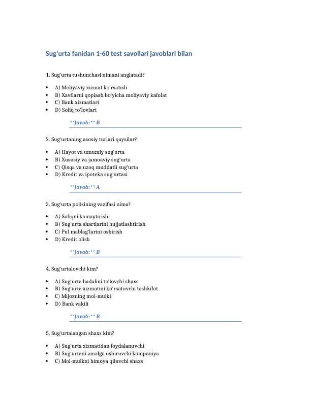 Sug‘urta fanidan 1-60 test savollari javoblari bilan