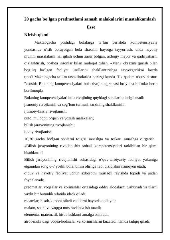 20 gacha bo'lgan predmetlami sanash malakalarini mustahkamlash