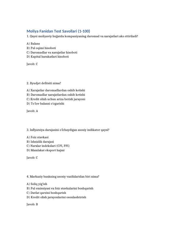 Moliya fanidan yangi 100 ta test savollari javoblari bilan