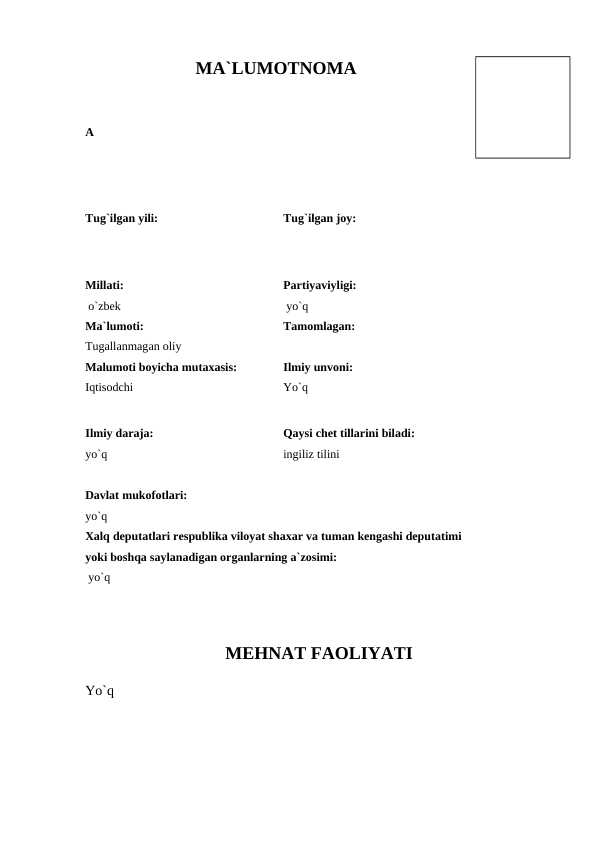 Ma`lumotnoma namuna (obyektivka)