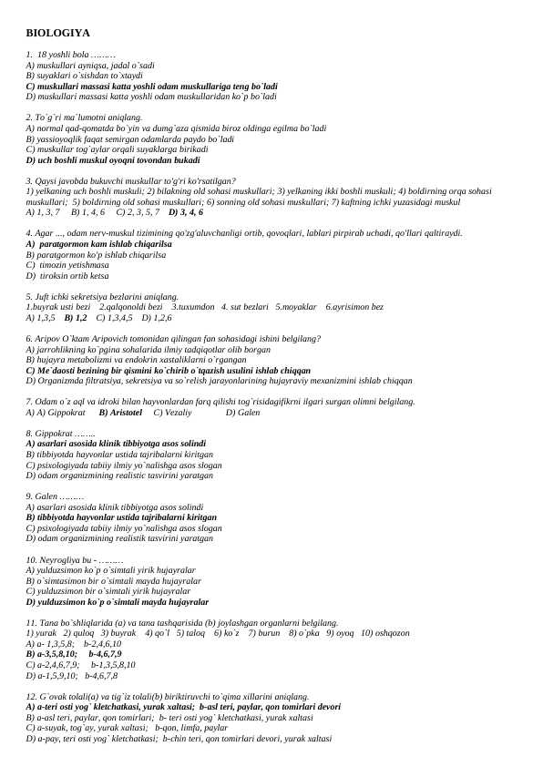 DTM 1000talik test biologiya javoblari bilan