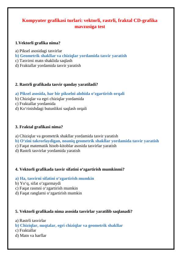 Kompyuter grafikasi turlari: vektorli, rastrli, fraktal CD-grafika mavzusiga test