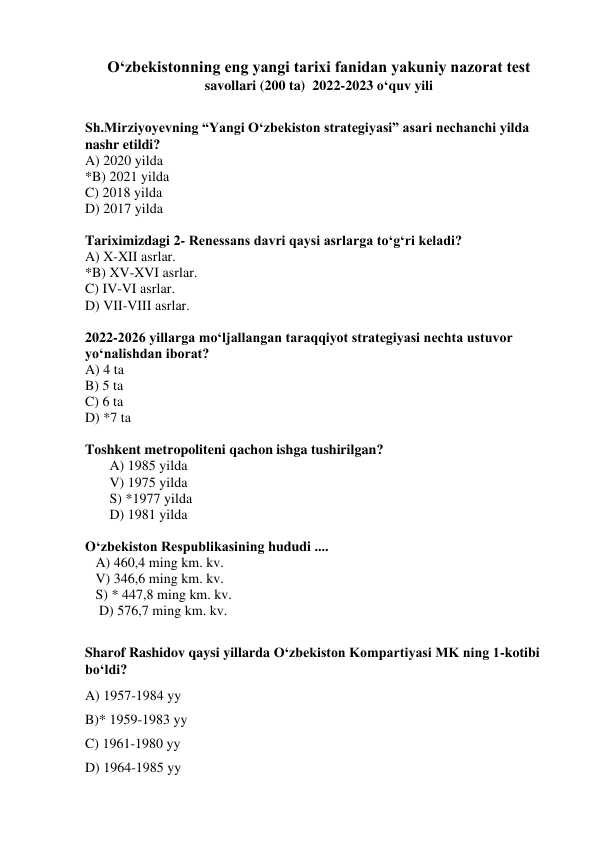 Òzbekiston eng yangi tarixi test savollari va javoblari bilan 200 talik