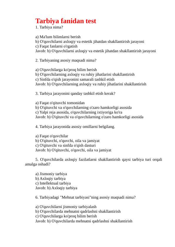 Tarbiya fanidan test