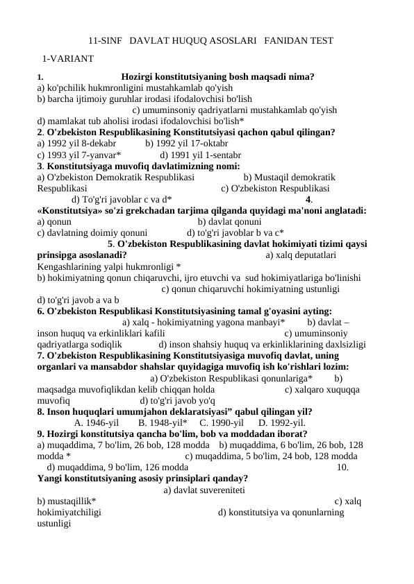 11-sinf huquq test 2-variantda javoblari bilan