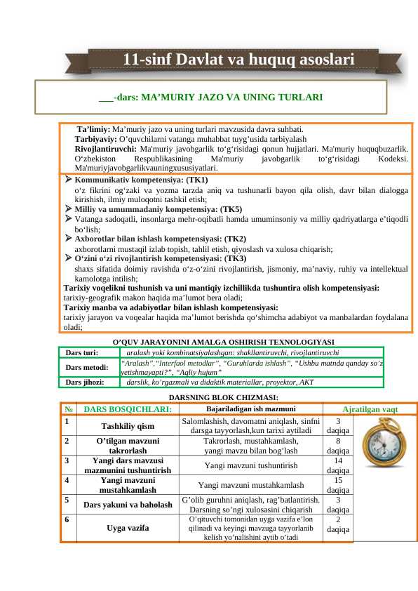 11-sinf huquq Ma’muriy jazo va uning turlari dars ishlanma