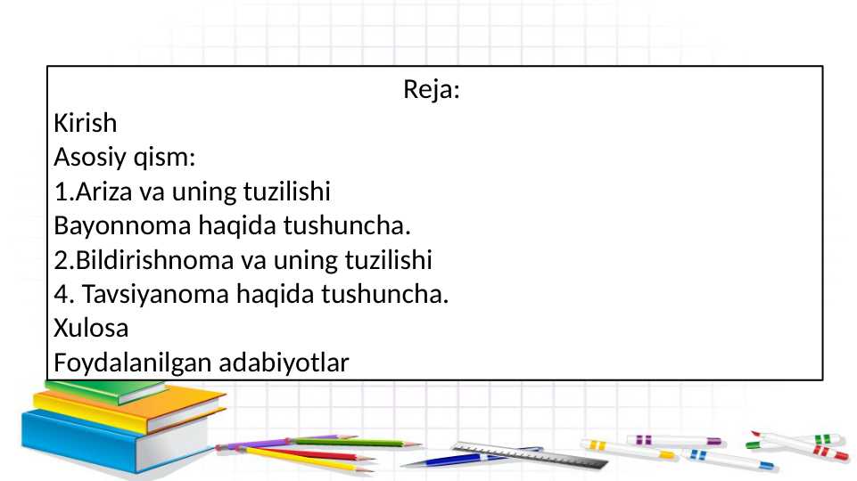 ARIZA, BAYONNOMA, BILDIRISHNOMA,TAVSIYANOMA.