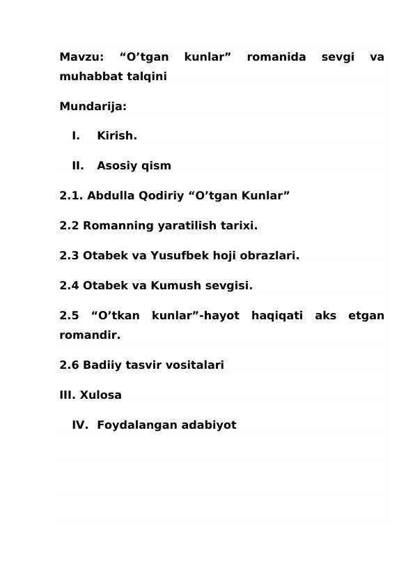 "O'tkan kunlar" romanida sevgi-muxabbat talqini