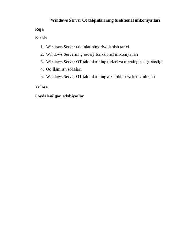 Windows Server Ot talqinlarining funktional imkoniyatlari