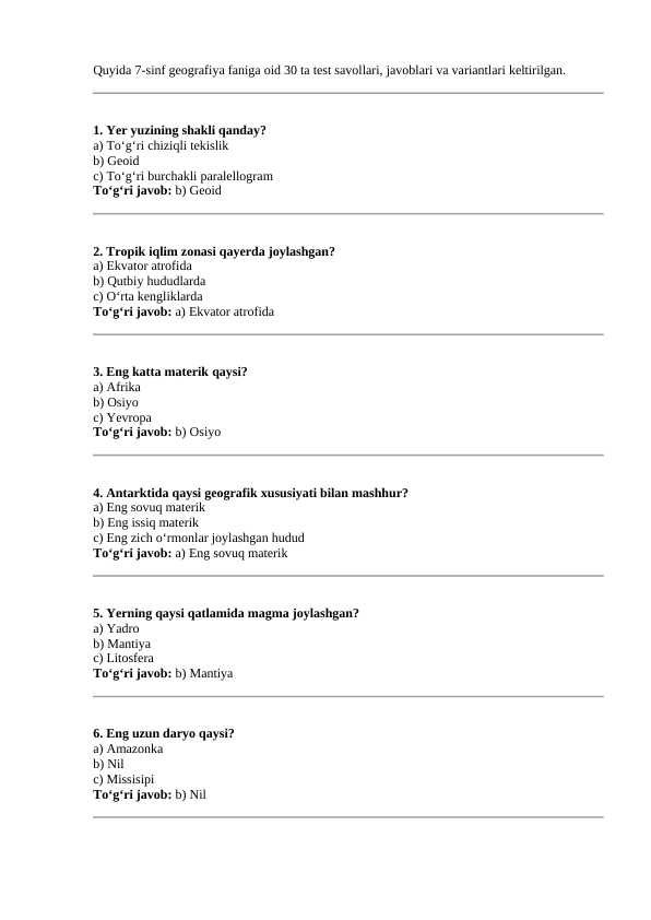 7-sinf Geografiya fanidan test savollar tuplami