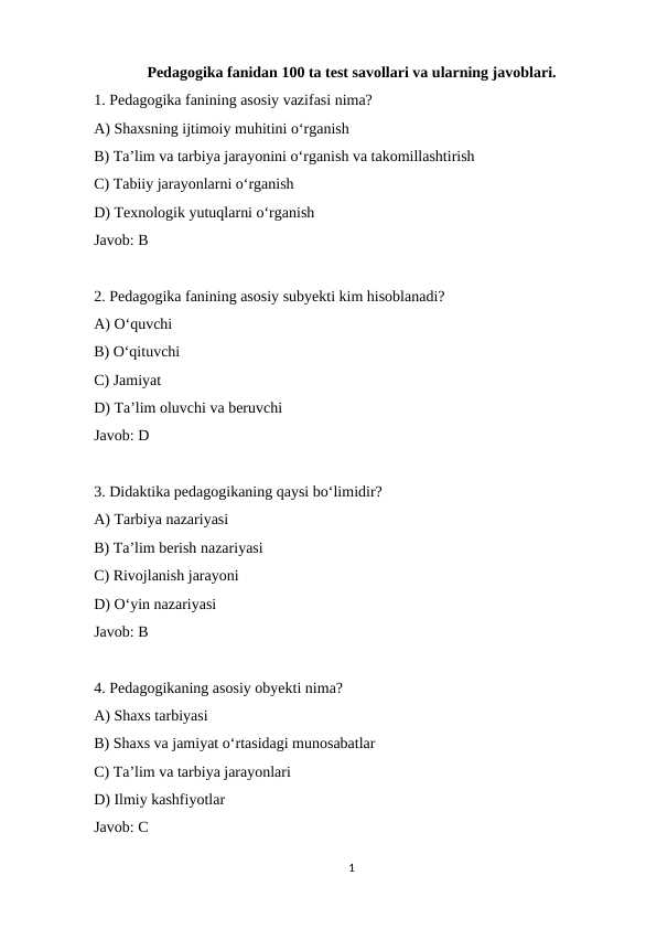 Pedagogika fanidan 100 ta test savollari va javoblari bilan