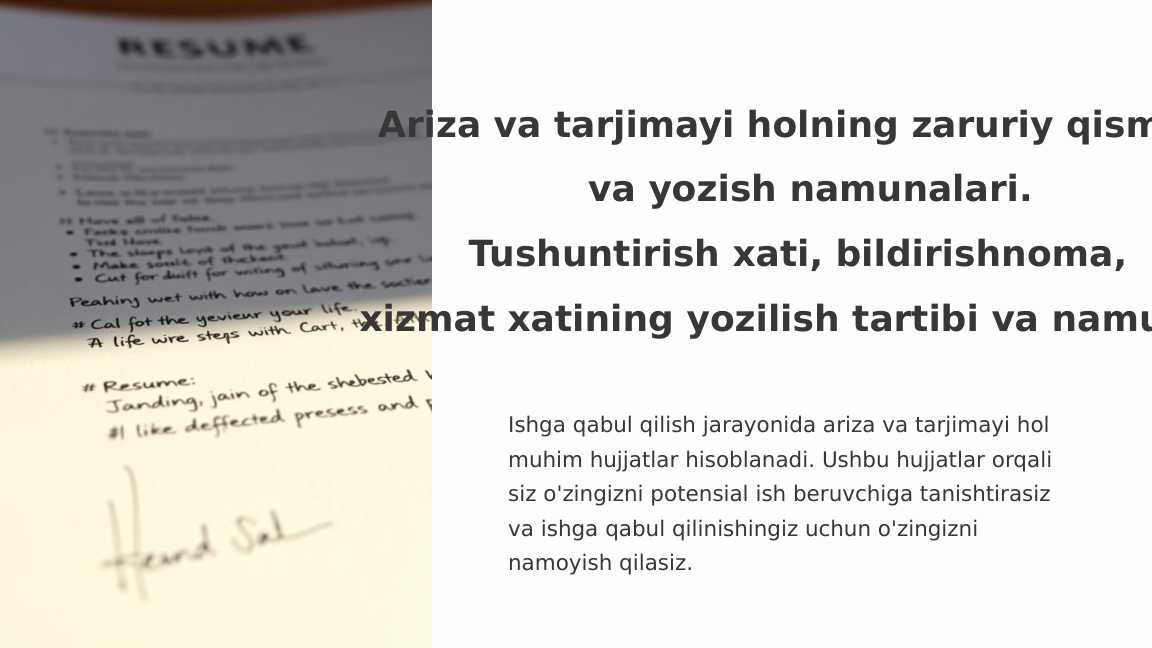 Ariza va tarjimayi holning zaruriy qismlari va yozish namunalari.Tushuntirish xati, bildirishnoma, xizmat xatining yozilish tartibi va namunasi_3