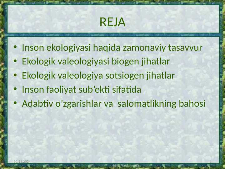 EKOLOGIK VALEOLOGIYA MUAMMOLARI