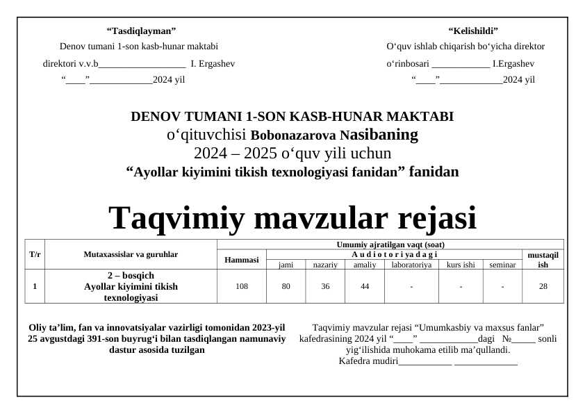 Аyollаr kiyimini tikish texnologiyasi fаnidаn ish reja