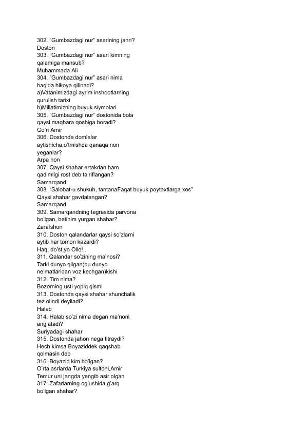 Adabiyotdan savol javoblar