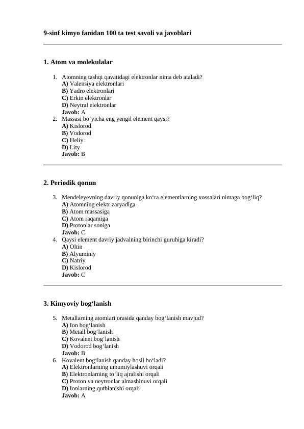 9-sinf kimyo fanidan 100 test javoblari bilan
