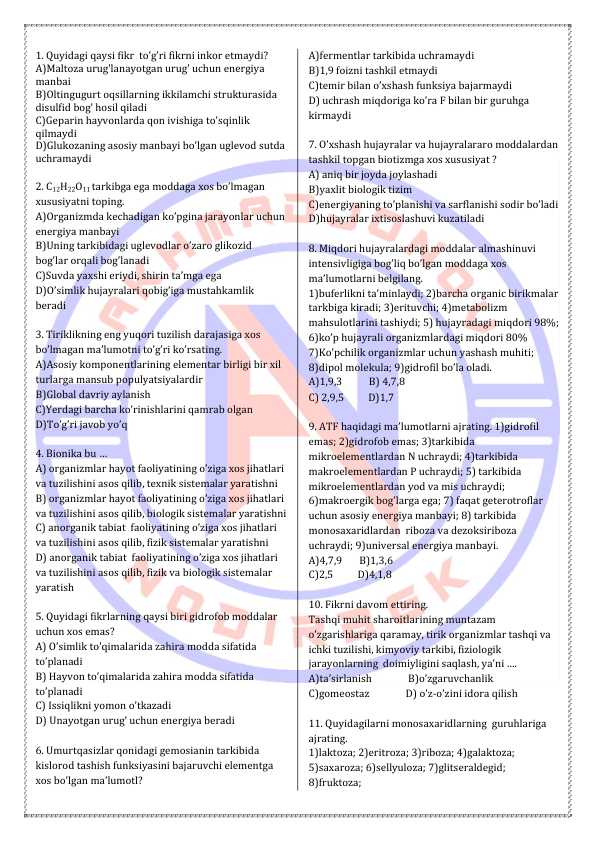 Biologiya fanidan testlar | 10-sinf 1400 ta test javobli