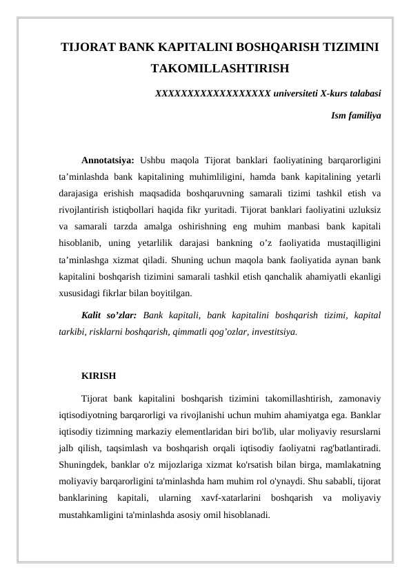 TIJORAT BANK KAPITALINI BOSHQARISH TIZIMINI TAKOMILLASHTIRISH MAQOLA TIJORAT BANK KAPITALINI BOSHQARISH TIZIMINI TAKOMILLASHTIRISH MAQOLA