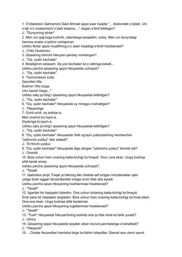 Dunyoning ishlari savol-javobi