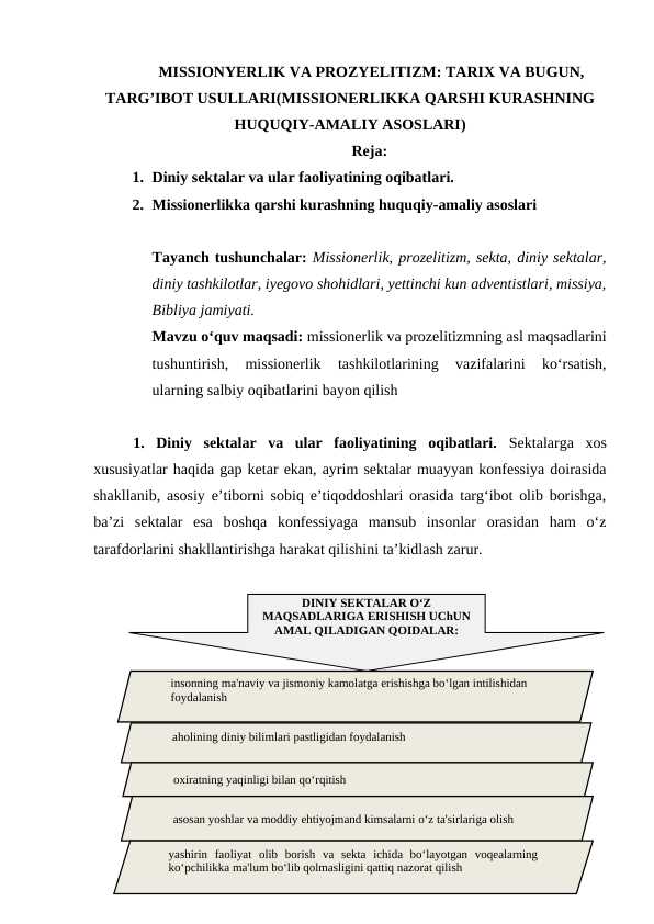 MISSIONERLIK VA PROZELITIZM: TARIX VA BUGUN, TARG’IBOT USULLARI(MISSIONERLIKKA QARSHI KURASHNING HUQUQIY-AMALIY ASOSLARI)