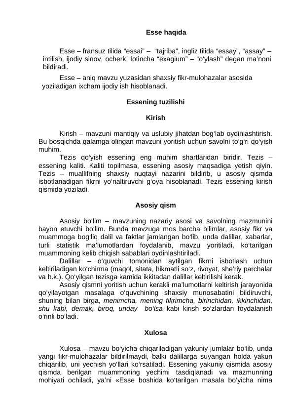 Esse haqida. Esse tuzilishi. Esse na`mumalar. Esse uchun mavzular.