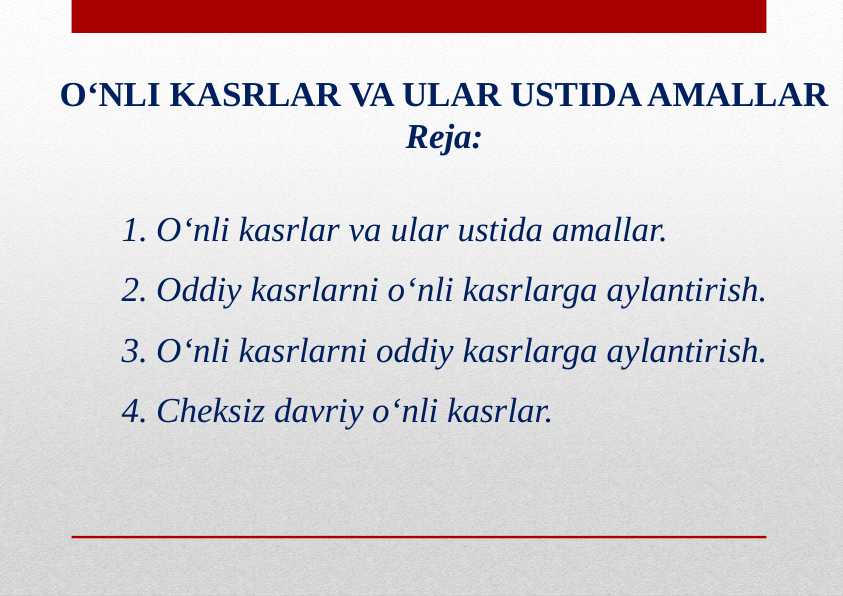O‘NLI KASRLAR VA ULAR USTIDA AMALLAR