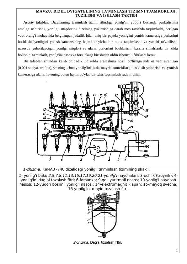 Dizel dvigatellarini taʼminlash tizimi tejamkorligi va tuzilish tarkibi