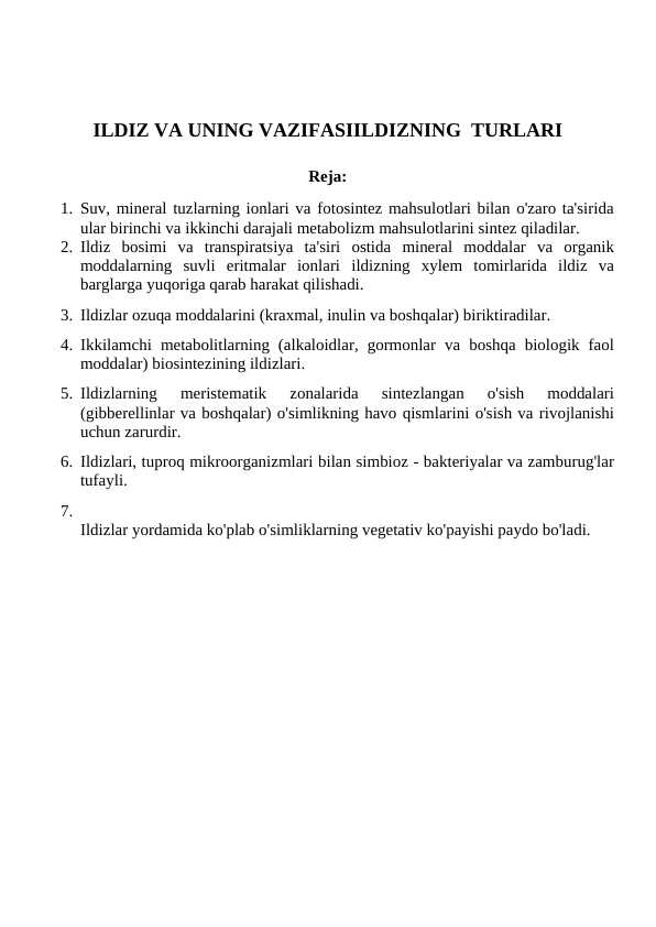 ILDIZ VA UNING VAZIFASIILDIZNING TURLARI