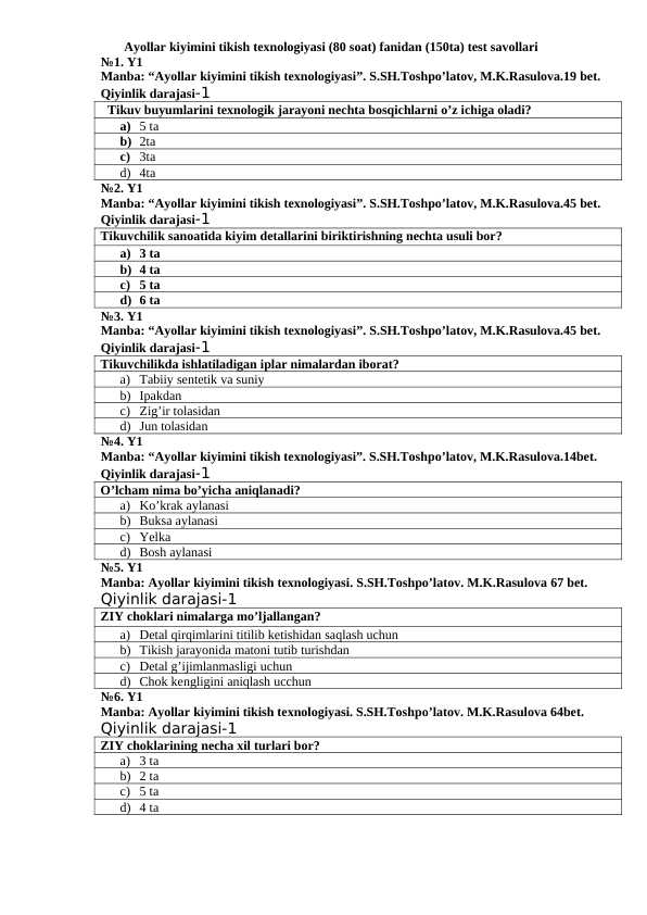 Ayollar kiyimini tikish texnologiyasi (80 soat) fanidan (150ta) test savollari