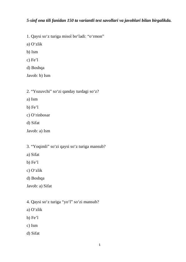 5-sinf ona tili fanidan 150 ta variantli test savollari va javoblari bilan birgalikda