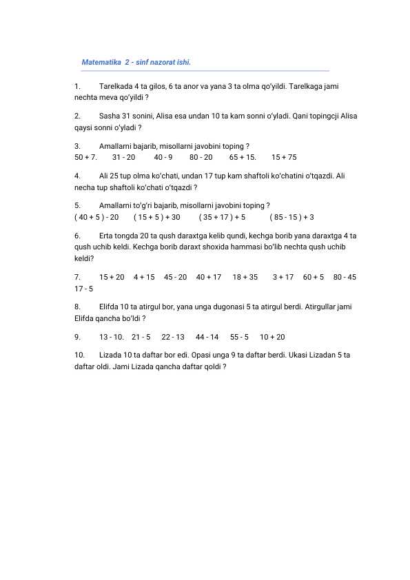 2-sinf Matematika fanidan nazorat ishi savollari javoblari bilan