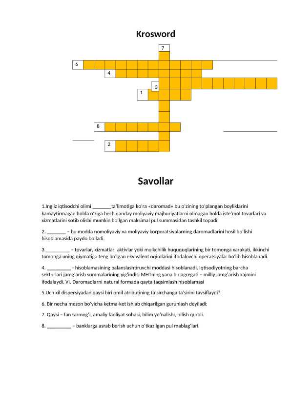 Krossvord IQTISODIYOT