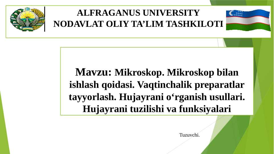 Mikroskop. Mikroskop bilan ishlash qoidasi. Vaqtinchalik preparatlar tayyorlash. Hujayrani o‘rganish usullari. Hujayrani tuzilishi va funksiyalari
