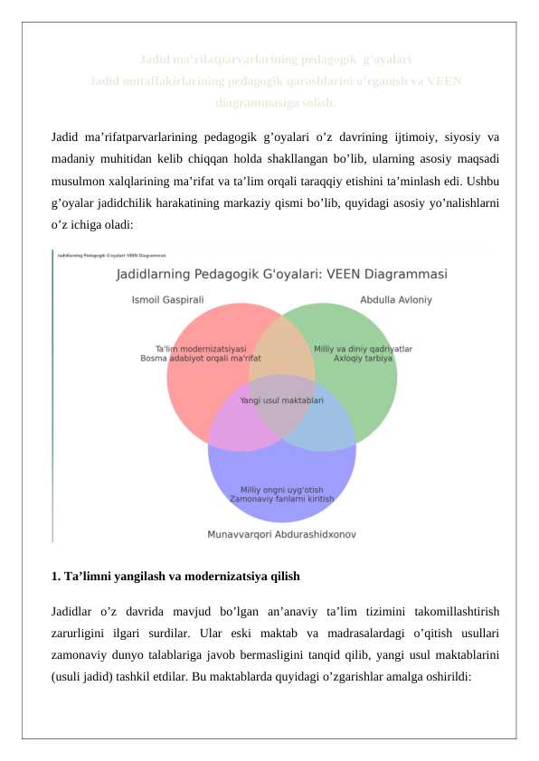 Jadid ma’rifatparvarlarining pedagogik g’oyalari venn diagrammasi