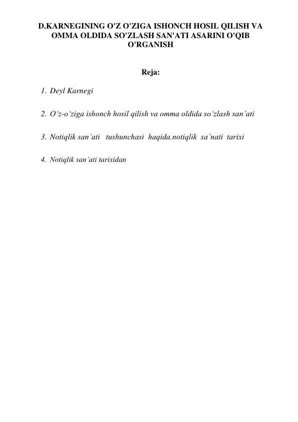 KARNEGINING O'Z O'ZIGA ISHONCH HOSIL QILISH VA
