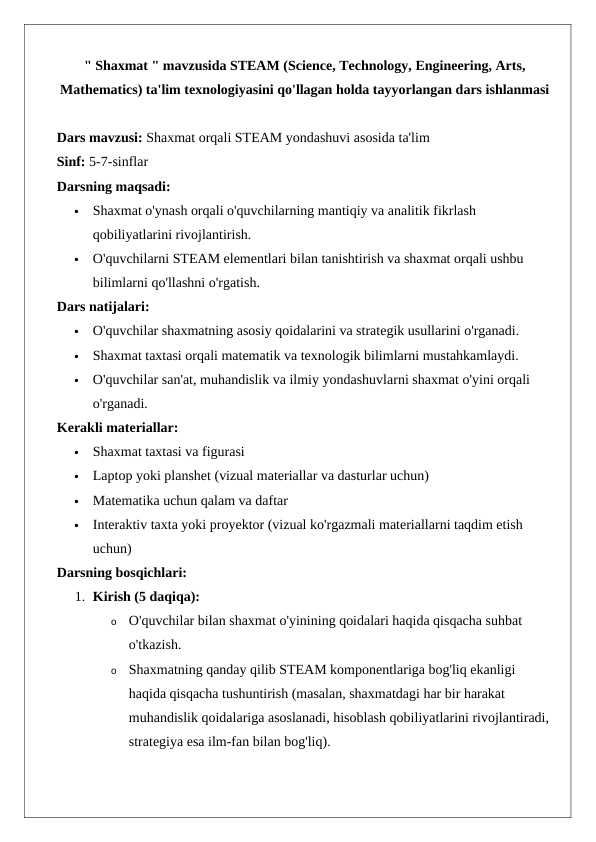 Shaxmat  mavzusida STEAM