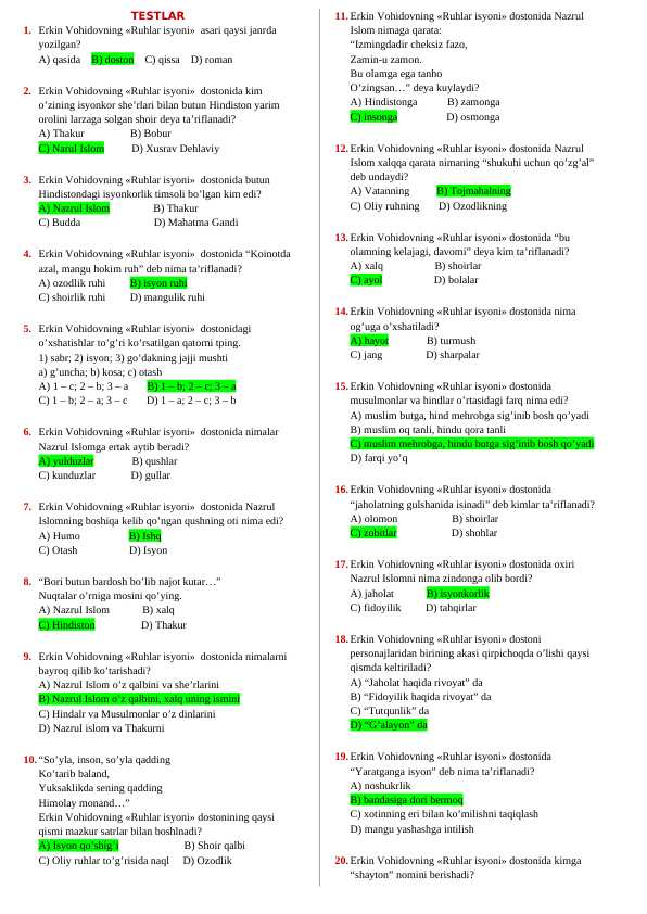 Ruhlar isyoni 200 ta test javoblari bilan