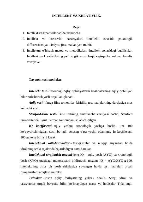 INTELLEKT VA KREATIVLIK