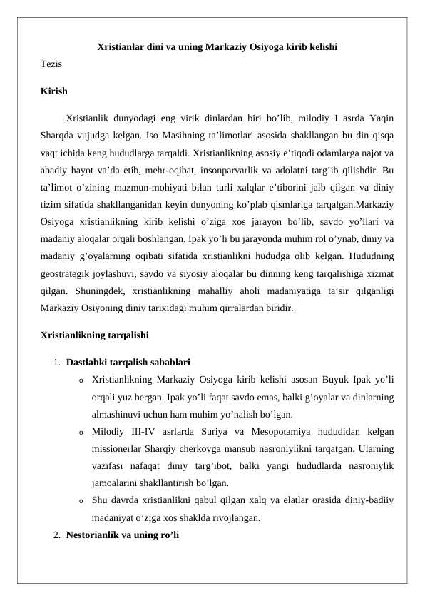 Xristianlar dini va uning Markaziy Osiyoga kirib kelishi tezis