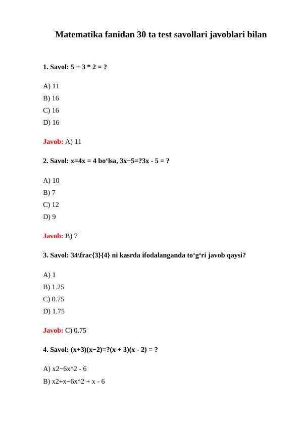 Matematika fanidan 30 ta test savollari javoblari bilan