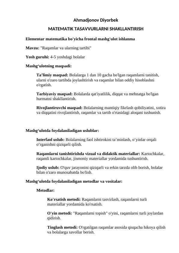 Elementar matematika bo'yicha frontal mashg'ulot ishlanma