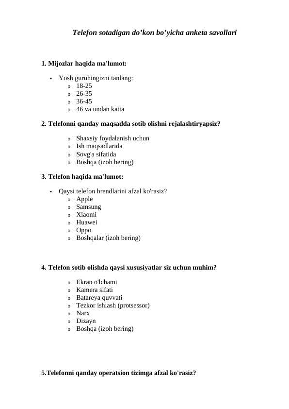 Telefon do'koni uchun aholiga beriladigan anketa savollari