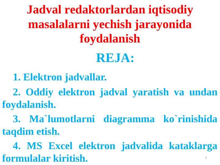 Jadval rеdaktоrlardan iqtisоdiy masalalarni yеchish jarayonida fоydalanish
