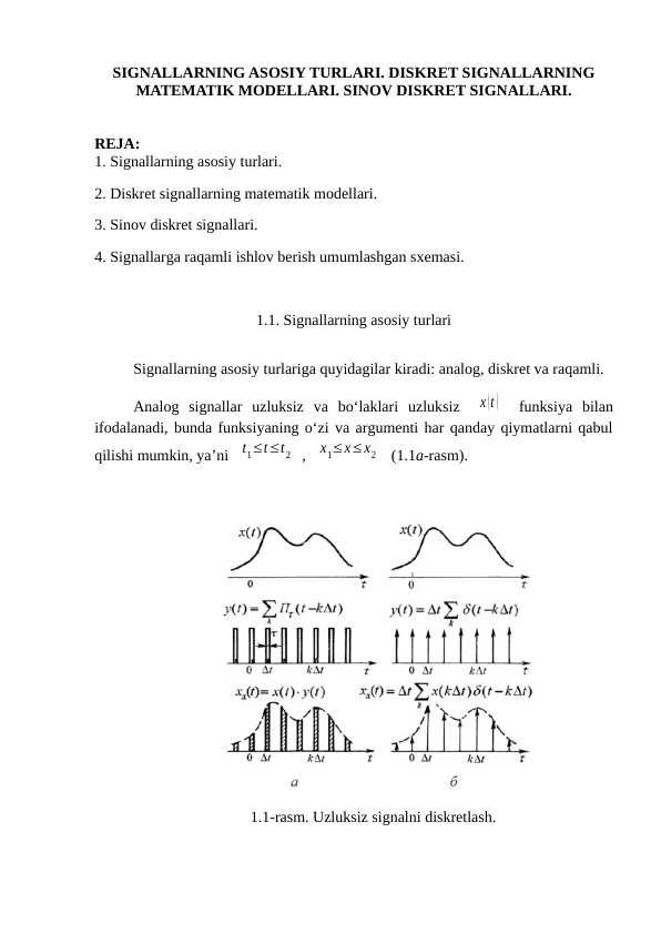 SIGNALLARNING ASOSIY TURLARI. DISKRET SIGNALLARNING MATEMATIK MODELLARI. SINOV DISKRET SIGNALLARI.