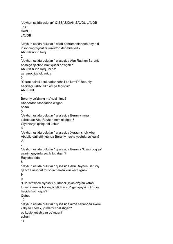 Jayhun ustida bulutlar savol javoblar